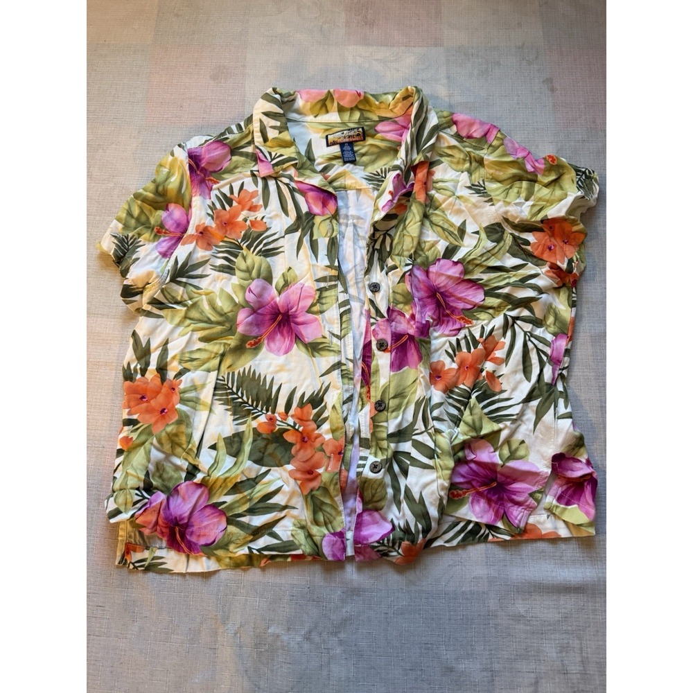 Hawaii Jack's Cafe Women 2X Tropical Hawaiian Floral Button Rayon Camp Shirt—1